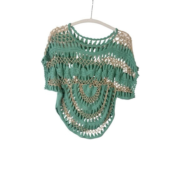 Urban Outfitters Boho Crochet Top Green Tan Open Knit Festival Beach One Size - Picture 3 of 6